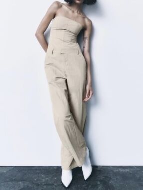 Zara Strapless Wide-Leg Jumpsuit in Light Beige